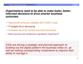 Phoenix IMS Users Group



Organizations need to be able to make faster, better-
informed decisions to drive smarter business
outcomes.

  Data growth continues unabated, 25% to 50% a year.
  IT budgets flat or decreasing.
  Increased use of rich content and unstructured data.
  More security and compliance regulations impacting IT




CIOs are driving a strategic and planned approach to
building out the digital platform the business relies on, as
well as making corresponding investments to improve their
ability to manage it.
                                                               11
 