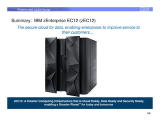 Phoenix IMS Users Group


Summary: IBM zEnterprise EC12 (zEC12)
   The secure cloud for data, enabling enterprises to improve service to
                            their customers…




 zEC12: A Smarter Computing infrastructure that is Cloud Ready, Data Ready and Security Ready,
                     enabling a Smarter Planet™ for today and tomorrow

                                                                                                 135
 