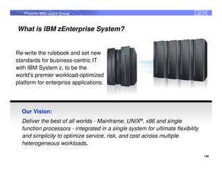 Phoenix IMS Users Group



What is IBM zEnterprise System?


Re-write the rulebook and set new
standards for business-centric IT
with IBM System z, to be the
world’s premier workload-optimized
platform for enterprise applications.




  Our Vision:
  Deliver the best of all worlds - Mainframe, UNIX®, x86 and single
  function processors - integrated in a single system for ultimate flexibility
  and simplicity to optimize service, risk, and cost across multiple
  heterogeneous workloads.

                                                                                 136
 