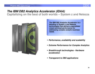 Phoenix IMS Users Group


The IBM DB2 Analytics Accelerator (IDAA)
Capitalizing on the best of both worlds – System z and Netezza

                               The IBM DB2 Analytics Accelerator is a
                               blending of System z and Netezza
                               technologies that delivers unparalleled
                               mixed workload performance for
                               addressing complex analytic business
                               needs.




                               Performance, availability and scalability

                               Extreme Performance for Complex Analytics

                               Breakthrough technologies - Hardware
                               acceleration

                               Transparent to DB2 applications



                                                                           24
 