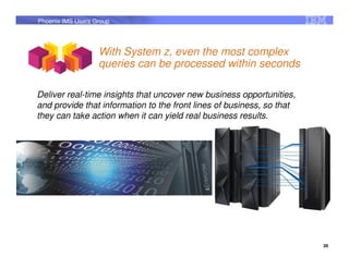Phoenix IMS Users Group




                   With System z, even the most complex
                   queries can be processed within seconds

Deliver real-time insights that uncover new business opportunities,
and provide that information to the front lines of business, so that
they can take action when it can yield real business results.




                                                                       26
 