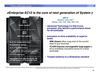 Phoenix IMS Users Group



    zEnterprise EC12 is the core of next generation of System z
                                                                                                                               zEC12
Up to           Performance improvement over z196
25%             uniprocessor1      Up to                                                                                Machine Type: 2827
                                         25%                                                                      Models: H20, H43, H66, H89, HA1
                                Faster engines1
                                                                                                       Advanced Technology 5.5 GHz 6-core
Up to
50%
                Total capacity improvement over z196
                M801
                                                                                                       processor chip delivers a performance boost
                                          Up to
                                                                                                       for all workloads
                                         50%
Up to                        More total capacity1
                Configurable cores for client use                                                      Innovation to drive availability to superior
101
                                                                                                       levels
60 subcapacity settings
          Up to 101 configurable cores                                                                 – IBM zAware offers snap-shot of the current
        60 subcapacity
Up to 3 TB RAIM memory               settings
                                                                                                          state of your business
          Up to 3 TB RAIM memory
                                                                                                       – FLASH Express and pageable large pages to
IFL, zIIP, zAAP, ICFs and optional SAPs
                                                                                                          drive availability and performance for critical
          IFL, zIIP, zAAP, ICFs and optional SAPs                                                         workloads
Environmental focus to improve data center
efficiencies including new non raised floor option
          Environmental focus
                                                                                                       Trusted resilience is a zEnterprise standard
       Upgradeable from IBM zEnterprise 196
Upgradeable from IBM zEnterprise 196®(z196) and
System z10® Enterprise Class (z10 EC™) Enterprise Class
       and IBM System z10



1 Based on preliminary internal measurements and projections against a z196. Official performance data will be available upon announce and can be obtained online at LSPR (Large Systems Performance Reference) website at:
    https://www.ibm.com/servers/resourcelink/lib03060.nsf/pages/lsprindex . Actual performance results may vary by customer based on individual workload, configuration and software levels.

                                                                                                                                                                                                                       34
 