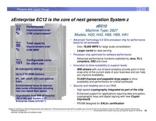 Phoenix IMS Users Group


      zEnterprise EC12 is the core of next generation System z
             Up to
                           Performance                                                                   zEC12
             25            improvement over                                                       Machine Type: 2827
             %             z196 uniprocessor1
                                                                                            Models: H20, H43, H66, H89, HA1
                                                                                           Advanced Technology 5.5 GHz processor chip for performance
             Up to
                           Total capacity                                                  boost for all workloads
             50            improvement over                                                – Over 78,000 MIPS for large scale consolidation
             %             z196 M801                                                       – Larger cache for data serving
                                                                                           Processor chip optimized for software performance
             Up to                                                                         – Advanced performance functions exploited by Java, PL/I,
                           Configurable cores                                                compilers, DB2 and more
             101           for client use
                                                                                           Innovation to drive availability to superior levels
             60 subcapacity settings                                                       – IBM zAware with out-of-band analytics provide point in time
                                                                                             snap-shot of the current state of your business and can help
             Up to 3 TB RAIM memory                                                          you improve availability
             IFL, zIIP, zAAP, ICFs and optional                                            – FLASH Express and pageable large pages to drive
             SAPs                                                                            availability and performance for critical workloads
             Environmental focus to improve                                                Security and reliability are in our DNA
             data center efficiencies including
             new non raised floor option
                                                                                           – High speed cryptography integrated as part of the chip
                                                                                           – Enhanced support for applications requiring data encryption,
             Upgradeable from IBM zEnterprise                                                cryptographic keys and digital signing with new Crypto
             196 (z196) and System z10®                                                      Express4S
             Enterprise Class (z10 EC™)
                                                                                           – PR/SM designed for EAL5+ certification
1   Based on preliminary internal measurements and projections. Official performance data will be available upon announce and can be obtained online at LSPR (Large Systems Performance
      Reference) website at: https://www-304.ibm.com/servers/resourcelink/lib03060.nsf/pages/lsprindex?OpenDocument . Actual performance results may vary by customer based on individual   35
      workload, configuration and software levels.
 