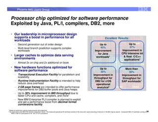 Phoenix IMS Users Group


   Processor chip optimized for software performance
   Exploited by Java, PL/I, compilers, DB2, more

        Our leadership in microprocessor design
        supports a boost in performance for all                                                                                                       Excellent Results:
        workloads
        – Second generation out of order design                                                                                           Up to                                        Up to
        – Multi-level branch prediction supports complex                                                                                   45%                                         27%
          workloads                                                                                                                    Improvement                               Improvement in
                                                                                                                                         for Java                               CPU intensive int
        Larger caches to optimize data serving                                                                                          workloads1                                & float C/C++
        environments                                                                                                                                                              applications1
        – Almost 2x on chip and 2x additional on book
        New hardware functions optimized for                                                                                               Up to                                   More than
        software performance                                                                                                               30%                                        30%
        – Transactional Execution Facility for parallelism and                                                                       Improvement in                             Improvement in
          scalability                                                                                                                 throughput for                             throughput for
        – Runtime Instrumentation Facility is intended to help                                                                         DB2 for z/OS                             SAP workloads1
          reduce Java overhead                                                                                                          operational
        – 2 GB page frames are intended to offer performance                                                                             analytics2
          improvements for DB2 buffer pools and Java heaps
        – Up to 30% improvement in IMS throughput due to
          faster CPU and cache, compliers, and more1
        – New IBM Enterprise PL/I compiler is planned to exploit
          and get a performance boost from decimal format
          conversions facility
1 Based on preliminary internal measurements and projections
2 Aa measured by the IBM 9700 Solution Integration Center. The   measured operational BI workload consists of 56 concurrent users executing a fixed set of 160,860 Cognos reports . Compared DB2 v10 workload running on38
    IBM's z196 w/10 processors to an zEC12 w/10 processors
 
