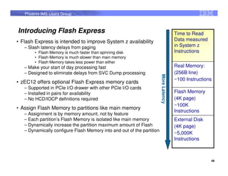 Phoenix IMS Users Group



Introducing Flash Express                                                              Time to Read
• Flash Express is intended to improve System z availability                           Data measured
   – Slash latency delays from paging                                                  in System z
        • Flash Memory is much faster than spinning disk                               Instructions
        • Flash Memory is much slower than main memory
        • Flash Memory takes less power than either
   – Make your start of day processing fast                                            Real Memory:
   – Designed to eliminate delays from SVC Dump processing                             (256B line)




                                                                        More Latency
                                                                                       ~100 Instructions
• zEC12 offers optional Flash Express memory cards
   – Supported in PCIe I/O drawer with other PCIe I/O cards
   – Installed in pairs for availability                                               Flash Memory
   – No HCD/IOCP definitions required                                                  (4K page)
                                                                                       ~100K
• Assign Flash Memory to partitions like main memory
                                                                                       Instructions
   – Assignment is by memory amount, not by feature
   – Each partition’s Flash Memory is isolated like main memory                        External Disk
   – Dynamically increase the partition maximum amount of Flash                        (4K page)
   – Dynamically configure Flash Memory into and out of the partition
                                                                                       ~5,000K
                                                                                       Instructions



                                                                                                       48
 