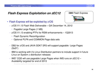 Phoenix IMS Users Group



Flash Express Exploitation on zEC12                                                                                             IBM Flash Express


Flash Express will be exploited by z/OS
– z/OS V1.13 Flash Web Deliverable – GA December 14, 2012
  • Pagable Large Pages (1 MB)
– z/OS V1.13 enabling PTFs for RSM enhancements – 1Q2013
  • Flash Dynamic Reconfiguration
  • Optional PLPA and COMMON Page data sets

– DB2 for z/OS and JAVA SDK7 SR3 will support pageable Large Pages
  (SoD*)
– IBM is working with it’s Linux Distribution partners to include support in future
  Linux on System z distribution releases
– IMS* CQS will use pageable Large Pages when IMS runs on zEC12 –
  Availability targeted for end of 2013
    *All statements regarding IBM's future direction and intent are subject to change or withdrawal without notice, and represent goals and objectives only.




                                                                                                                                                               50
 