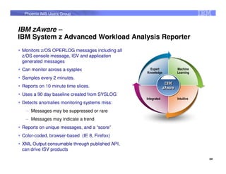 Phoenix IMS Users Group



IBM zAware –
IBM System z Advanced Workload Analysis Reporter
 Monitors z/OS OPERLOG messages including all
 z/OS console message, ISV and application
 generated messages
 Can monitor across a sysplex                     Expert              Machine
                                                Knowledge             Learning
 Samples every 2 minutes.
                                                              IBM
                                                              IBM
 Reports on 10 minute time slices.                           zAware
                                                             zAware
 Uses a 90 day baseline created from SYSLOG
                                                Integrated            Intuitive
 Detects anomalies monitoring systems miss:
  – Messages may be suppressed or rare
  – Messages may indicate a trend
 Reports on unique messages, and a “score”
 Color-coded, browser-based (IE 8, Firefox)
 XML Output consumable through published API,
 can drive ISV products

                                                                                  54
 