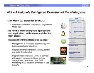 Phoenix IMS Users Group



zBX – A Uniquely Configured Extension of the zEnterprise

                                                              zBX
• zBX Model 003 supported by zEC12                     Machine Type: 2458
                                                          Model: 003
   – Investment protection – Model 002 upgrades to
     Model 003                                                   PS701 blades (112 max)


• No need to make changes to applications              Up to     HX5 (7873) blades (56
                                                       112
  and application certifications are inherited                   max)


  from blades                                                    DataPower XI50z (28
                                                                 max)


• Managed by Unified Resource Manager                  1-4 Racks based on number of
                                                       installed blades

   – Management of resources as defined by your
     business goals and objectives                     One zBX per zEC12


                                                       Optional Acoustic Doors
   – Integrated network for better security, control
     and faster time to value                          Optional Rear Door Heat
                                                       Exchanger

   – Programmable interfaces (APIs) to connect
                                                       Upgradeable from zBX Model 002
     with system management tools for total
     management capabilities - IBM Tivoli
     Monitoring (ITM) has been enhanced to use
     the APIs
                                                                                          60
 