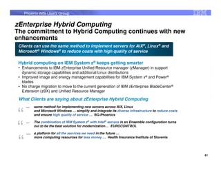 Phoenix IMS Users Group


zEnterprise Hybrid Computing
The commitment to Hybrid Computing continues with new
enhancements
 Clients can use the same method to implement servers for AIX®, Linux® and
 Microsoft® Windows® to reduce costs with high quality of service

 Hybrid computing on IBM System z® keeps getting smarter
 • Enhancements to IBM zEnterprise Unified Resource manager (zManager) in support
   dynamic storage capabilities and additional Linux distributions
 • Improved image and energy management capabilities for IBM System x® and Power®
   blades
 • No charge migration to move to the current generation of IBM zEnterprise BladeCenter®
   Extension (zBX) and Unified Resource Manager

 What Clients are saying about zEnterprise Hybrid Computing
     …    same method for implementing new servers across AIX, Linux


“         and Microsoft Windows … simplify and integrate its diverse infrastructure to reduce costs
          and ensure high quality of service … BG-Phoenics




“
     …    The combination of IBM System z® with Intel® servers in an Ensemble configuration turns
          out to be the best solution for modernization… EUROCONTROL

     ….   a platform for all the services we need in the future …



“
          more computing resources for less money … Health Insurance Institute of Slovenia




                                                                                                      61
 
