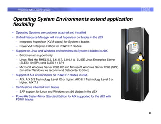 Phoenix IMS Users Group


Operating System Environments extend application
flexibility
 Operating Systems are customer acquired and installed
 Unified Resource Manager will install hypervisor on blades in the zBX
 – Integrated hypervisor (KVM-based) for System x blades
 – PowerVM Enterprise Edition for POWER7 blades
 Support for Linux and Windows environments on System x blades in zBX
 – 64-bit version support only
 – Linux: Red Hat RHEL 5.5, 5.6, 5.7, 6.0 6.1 & SUSE Linux Enterprise Server
   (SLES) 10 (SP4) and SLES 11 SP1
 – Microsoft Windows Server 2008 R2 and Microsoft Windows Server 2008 (SP2)
   (for either Windows we recommend Datacenter Edition)
 Support of AIX environments on POWER7 blades in zBX
 – AIX: AIX 5.3 Technology Level 12 or higher, AIX 6.1 Technology Level 5 or
   higher, AIX 7.1
 Certifications inherited from blades
 – SAP support for Linux and Windows on x86 blades in the zBX
 PowerHA SystemMirror Standard Edition for AIX supported for the zBX with
 PS701 blades



                                                                               63
 