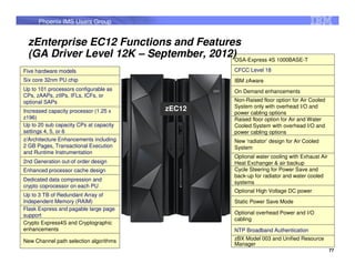 Phoenix IMS Users Group


 zEnterprise EC12 Functions and Features
 (GA Driver Level 12K – September, 2012)OSA-Express 4S 1000BASE-T
Five hardware models                            CFCC Level 18
Six core 32nm PU chip                           IBM zAware
Up to 101 processors configurable as            On Demand enhancements
CPs, zAAPs, zIIPs, IFLs, ICFs, or
optional SAPs                                   Non-Raised floor option for Air Cooled
                                                System only with overhead I/O and
Increased capacity processor (1.25 x    zEC12
                                                power cabling options
z196)                                           Raised floor option for Air and Water
Up to 20 sub capacity CPs at capacity           Cooled System with overhead I/O and
settings 4, 5, or 6                             power cabling options
z/Architecture Enhancements including           New ‘radiator’ design for Air Cooled
2 GB Pages, Transactional Execution             System
and Runtime Instrumentation
                                                Optional water cooling with Exhaust Air
2nd Generation out-of order design              Heat Exchanger & air backup
Enhanced processor cache design                 Cycle Steering for Power Save and
                                                back-up for radiator and water cooled
Dedicated data compression and
                                                systems
crypto coprocessor on each PU
                                                Optional High Voltage DC power
Up to 3 TB of Redundant Array of
Independent Memory (RAIM)                       Static Power Save Mode
Flask Express and pagable large page
support                                         Optional overhead Power and I/O
                                                cabling
Crypto Express4S and Cryptographic
enhancements                                    NTP Broadband Authentication

New Channel path selection algorithms           zBX Model 003 and Unified Resource
                                                Manager
                                                                                          77
 