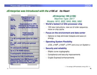 Phoenix IMS Users Group


zEnterprise was Introduced with the z196 at its Heart

                     Improvement for
                                                   zEnterprise 196 (z196)
     Up to
                      traditional z/OS              Machine Type: 2817
     40%                 workloads1
                                              Models: M15, M32, M49, M66, M80
                    Improvement in CPU       World’s fastest 5.2 GHz processor chip
     Up to an
     additional   intensive workloads via
                  compiler enhancements      – 100 new instructions, new out of order sequence,
     30%                                       more on chip cache
     Up to            Total capacity         Focus on the environment and data center
     60%              improvement1
                                             – Options to help eliminate hotspots and save on
     1 to 80 configurable cores for client     energy
     use
                                             Operating System Flexibility
     IFL, zIIP, zAAP, ICFs and optional
     SAPs                                    – z/OS, z/VM®, z/VSE®, z/TPF and Linux on System z
     45 subcapacity settings                 Security and reliability
     Up to 3 TB RAIM memory
                                             – Elliptic curve cryptography
     Cryptographic enhancements
                                             – Compliance and security improvements
     Designed for EAL5 certification
                                             – Crypto Express3 enhancements
     Upgradeable from IBM System z10®
     Enterprise Class (z10 EC™) and IBM
     System z9® Enterprise Class (z9®
     EC)
                                                                    1. For average LSPR workloads running z/OS 1.11.
79                                                                                                                79
 