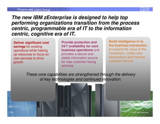 Phoenix IMS Users Group

The new IBM zEnterprise is designed to help top
performing organizations transition from the process
centric, programmable era of IT to the information
centric, cognitive era of IT.
 Deliver significant cost      Provide protection and       Build intelligence in to
 savings for existing          24/7 availability for core   the business transaction
 operations while freeing      business operations and      to expand the value of the
 up resources to focus on      provides a secure and        transaction, create new
 new services to drive         stable information source    transactions and improve
 growth                        for new customer facing      customer service
                               services

          These core capabilities are strengthened through the delivery
                 of key technologies and continued innovation.




91                                                                         © 2012 IBM Corporation
                                                                                                91
 