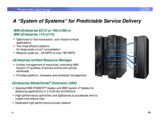 Phoenix IMS Users Group



 A “System of Systems” for Predictable Service Delivery
 IBM zEnterprise EC12 or 196 (z196) or
 IBM zEnterprise 114 (z114)
     Optimized to host transaction, and mission-critical
     applications
     The most efficient platform
     for large-scale Linux® consolidation
     Massive scale-up – 26 MIPS to over 78K MIPS

zEnterprise Unified Resource Manager
     Unifies management of resources, extending IBM
     System z® qualities of service end-to-end across
     workloads
     Provides platform, hardware and workload management

zEnterprise BladeCenter® Extension (zBX)
     Selected IBM POWER7® blades and IBM System x® blades for
     deploying applications in a multi-tier architecture
     High-performance optimizers and appliances to accelerate time to
     insight and reduce cost
     Dedicated high-performance private network


96                                                                      96
 