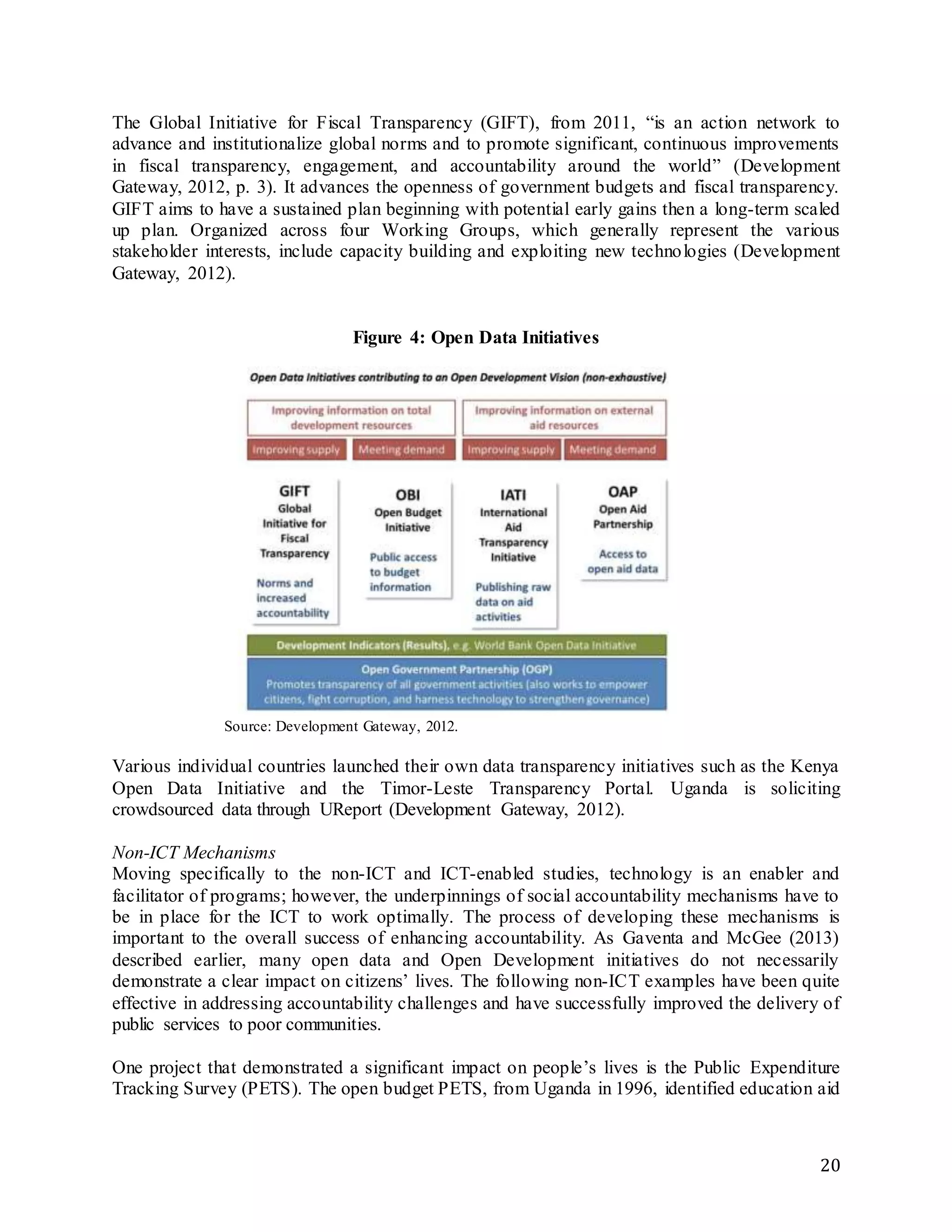 20
The Global Initiative for Fiscal Transparency (GIFT), from 2011, “is an action network to
advance and institutionalize global norms and to promote significant, continuous improvements
in fiscal transparency, engagement, and accountability around the world” (Development
Gateway, 2012, p. 3). It advances the openness of government budgets and fiscal transparency.
GIFT aims to have a sustained plan beginning with potential early gains then a long-term scaled
up plan. Organized across four Working Groups, which generally represent the various
stakeholder interests, include capacity building and exploiting new technologies (Development
Gateway, 2012).
Figure 4: Open Data Initiatives
Source: Development Gateway, 2012.
Various individual countries launched their own data transparency initiatives such as the Kenya
Open Data Initiative and the Timor-Leste Transparency Portal. Uganda is soliciting
crowdsourced data through UReport (Development Gateway, 2012).
Non-ICT Mechanisms
Moving specifically to the non-ICT and ICT-enabled studies, technology is an enabler and
facilitator of programs; however, the underpinnings of social accountability mechanisms have to
be in place for the ICT to work optimally. The process of developing these mechanisms is
important to the overall success of enhancing accountability. As Gaventa and McGee (2013)
described earlier, many open data and Open Development initiatives do not necessarily
demonstrate a clear impact on citizens’ lives. The following non-ICT examples have been quite
effective in addressing accountability challenges and have successfully improved the delivery of
public services to poor communities.
One project that demonstrated a significant impact on people’s lives is the Public Expenditure
Tracking Survey (PETS). The open budget PETS, from Uganda in 1996, identified education aid
 