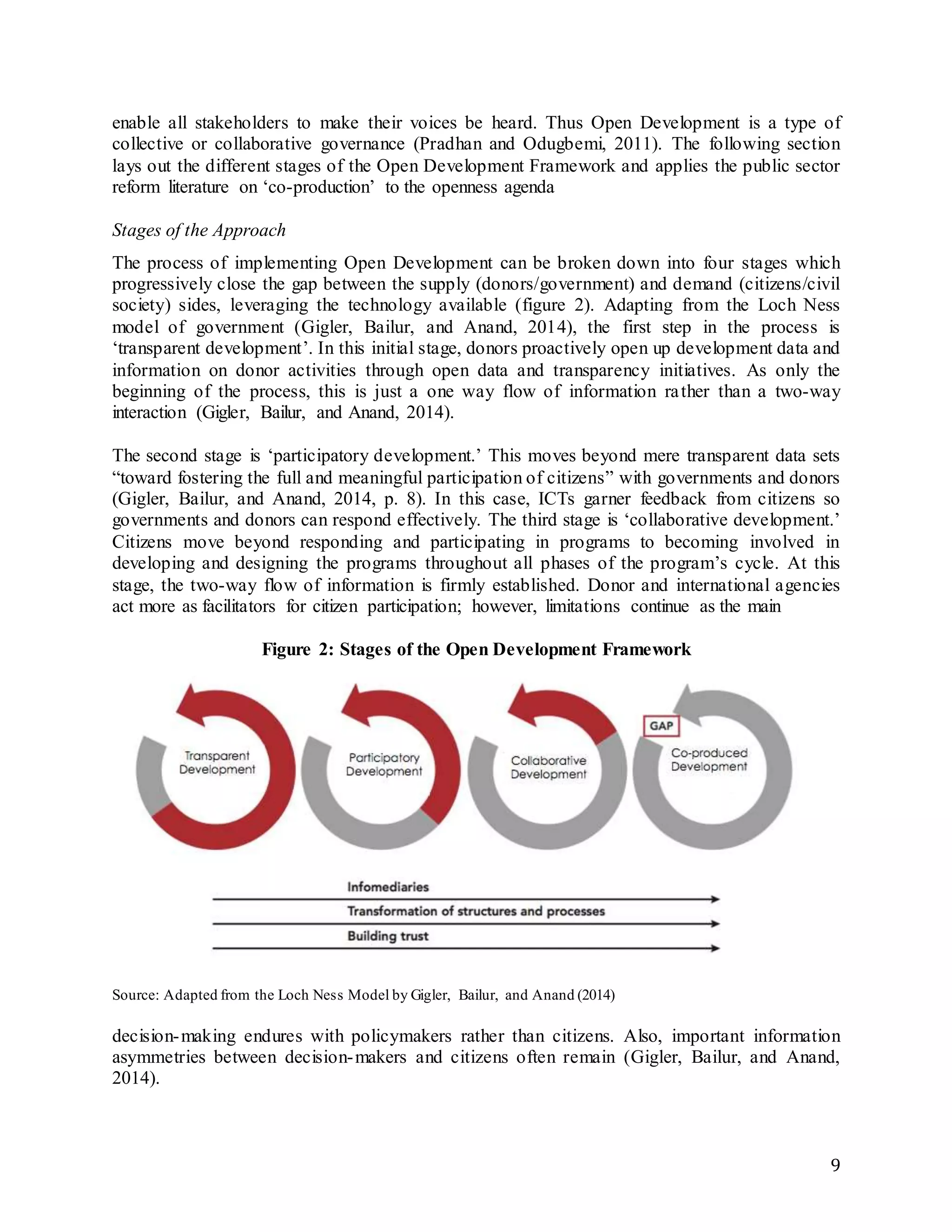 9
enable all stakeholders to make their voices be heard. Thus Open Development is a type of
collective or collaborative governance (Pradhan and Odugbemi, 2011). The following section
lays out the different stages of the Open Development Framework and applies the public sector
reform literature on ‘co-production’ to the openness agenda
Stages of the Approach
The process of implementing Open Development can be broken down into four stages which
progressively close the gap between the supply (donors/government) and demand (citizens/civil
society) sides, leveraging the technology available (figure 2). Adapting from the Loch Ness
model of government (Gigler, Bailur, and Anand, 2014), the first step in the process is
‘transparent development’. In this initial stage, donors proactively open up development data and
information on donor activities through open data and transparency initiatives. As only the
beginning of the process, this is just a one way flow of information rather than a two-way
interaction (Gigler, Bailur, and Anand, 2014).
The second stage is ‘participatory development.’ This moves beyond mere transparent data sets
“toward fostering the full and meaningful participation of citizens” with governments and donors
(Gigler, Bailur, and Anand, 2014, p. 8). In this case, ICTs garner feedback from citizens so
governments and donors can respond effectively. The third stage is ‘collaborative development.’
Citizens move beyond responding and participating in programs to becoming involved in
developing and designing the programs throughout all phases of the program’s cycle. At this
stage, the two-way flow of information is firmly established. Donor and international agencies
act more as facilitators for citizen participation; however, limitations continue as the main
Figure 2: Stages of the Open Development Framework
Source: Adapted from the Loch Ness Model by Gigler, Bailur, and Anand (2014)
decision-making endures with policymakers rather than citizens. Also, important information
asymmetries between decision-makers and citizens often remain (Gigler, Bailur, and Anand,
2014).
 