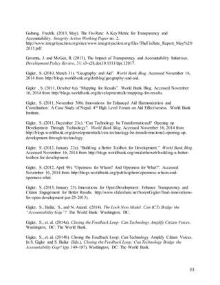 33
Galtung, Fredrik. (2013, May). The Fix-Rate: A Key Metric for Transparency and
Accountability. Integrity Action Working Paper no. 2.
http://www.integrityaction.org/sites/www.integrityaction.org/files/TheFixRate_Report_May%20
2013.pdf.
Gaventa, J. and McGee, R. (2013). The Impact of Transparency and Accountability Initiatives.
Development Policy Review, 31: s3-s28.doi:10.1111/dpr.12017.
Gigler, S. (2010, March 31). “Geography and Aid”. World Bank Blog. Accessed November 16,
2014 from http://blogs.worldbank.org/dmblog/geography-and-aid.
Gigler , S. (2011, October 6a). “Mapping for Results”. World Bank Blog. Accessed November
16, 2014 from http://blogs.worldbank.org/developmenttalk/mapping-for-results.
Gigler, S. (2011, November 30b). Innovations for Enhanced Aid Harmonization and
Coordination: A Case Study of Nepal. 4th High Level Forum on Aid Effectiveness. World Bank
Institute.
Gigler, S. (2011, December 23c). “Can Technology be Transformational? Opening up
Development Through Technology”. World Bank Blog. Accessed November 16, 2014 from
http://blogs.worldbank.org/developmenttalk/can-technology-be-transformational-opening-up-
development-through-technology.
Gigler, S. (2012, January 22a). “Building a Better Toolbox for Development.” World Bank Blog.
Accessed November 16, 2014 from http://blogs.worldbank.org/insidetheweb/building-a-better-
toolbox-for-development.
Gigler, S. (2012, April 9b). “Openness for Whom? And Openness for What?”. Accessed
November 16, 2014 from http://blogs.worldbank.org/publicsphere/openness-whom-and-
openness-what.
Gigler, S. (2013, January 25). Innovations for Open Development: Enhance Transparency and
Citizen Engagement for Better Results. http://www.slideshare.net/SorenGigler/final-innovations-
for-open-development-jan-25-2013).
Gigler, S., Bailur, S., and N. Anand. (2014). The Loch Ness Model: Can ICTs Bridge the
“Accountability Gap”?. The World Bank: Washington, DC.
Gigler, S., et. al. (2014a). Closing the Feedback Loop: Can Technology Amplify Citizen Voices.
Washington, DC: The World Bank.
Gigler, S., et. al. (2014b). Closing the Feedback Loop: Can Technology Amplify Citizen Voices.
In S. Gigler and S. Bailur (Eds.), Closing the Feedback Loop: Can Technology Bridge the
Accountability Gap? (pp. 149-187). Washington, DC: The World Bank.
 