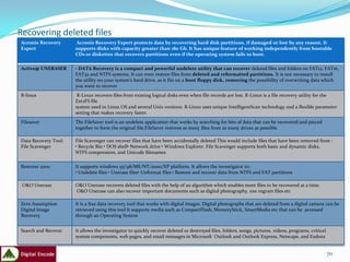 Recovering deleted files
Acronis Recovery       Acronis Recovery Expert protects data by recovering hard disk partitions, if damaged or lost by any reason. It
Expert                supports disks with capacity greater than 180 Gb. It has unique feature of working independently from bootable
                      CDs or diskettes that recovers partitions even if the operating system fails to boot.

Active@ UNERASER      - DATA Recovery is a compact and powerful undelete utility that can recover deleted files and folders on FAT12, FAT16,
                      FAT32 and NTFS systems. It can even restore files from deleted and reformatted partitions. It is not necessary to install
                      the utility on your system's hard drive, as it fits on a boot floppy disk, removing the possibility of overwriting data which
                      you want to recover
R-linux                R-Linux recovers files from existing logical disks even when file records are lost. R-Linux is a file recovery utility for the
                      Ext2FS file
                      system used in Linux OS and several Unix versions. R-Linux uses unique IntelligentScan technology and a flexible parameter
                      setting that makes recovery faster.
Filesaver             The FileSaver tool is an undelete application that works by searching for bits of data that can be recovered and pieced
                      together to form the original file.FileSaver restores as many files from as many drives as possible.

Data Recovery Tool:   File Scavenger can recover files that have been accidentally deleted This would include files that have been removed from :
File Scavenger        • Recycle Bin • DOS shell• Network drive • Windows Explorer. File Scavenger supports both basic and dynamic disks,
                      NTFS compression, and Unicode filenames

Restorer 2000         It supports windows 95/98/ME/NT/2000/XP platform. It allows the investigator to:
                      • Undelete files • Unerase files• Unformat files • Restore and recover data from NTFS and FAT partitions

 O&O Unerase          O&O Unerase recovers deleted files with the help of an algorithm which enables more files to be recovered at a time.
                      O&O Unerase can also recover important documents such as digital photography, exe rogram files etc

Zero Assumption       It is a free data recovery tool that works with digital images. Digital photographs that are deleted from a digital camera can be
Digital Image         retrieved using this tool It supports media such as CompactFlash, MemoryStick, SmartMedia etc that can be accessed
Recovery              through an Operating System


Search and Recover    It allows the investigator to quickly recover deleted or destroyed files, folders, songs, pictures, videos, programs, critical
                      system components, web pages, and email messages in Microsoft Outlook and Outlook Express, Netscape, and Eudora


                                                                                                                                                       70
 