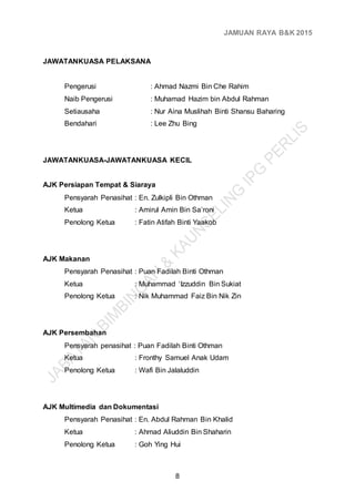JAMUAN RAYA B&K 2015
8
JAWATANKUASA PELAKSANA
Pengerusi : Ahmad Nazmi Bin Che Rahim
Naib Pengerusi : Muhamad Hazim bin Abdul Rahman
Setiausaha : Nur Aina Muslihah Binti Shansu Baharing
Bendahari : Lee Zhu Bing
JAWATANKUASA-JAWATANKUASA KECIL
AJK Persiapan Tempat & Siaraya
Pensyarah Penasihat : En. Zulkipli Bin Othman
Ketua : Amirul Amin Bin Sa’roni
Penolong Ketua : Fatin Atifah Binti Yaakob
AJK Makanan
Pensyarah Penasihat : Puan Fadilah Binti Othman
Ketua : Muhammad ‘Izzuddin Bin Sukiat
Penolong Ketua : Nik Muhammad Faiz Bin Nik Zin
AJK Persembahan
Pensyarah penasihat : Puan Fadilah Binti Othman
Ketua : Fronthy Samuel Anak Udam
Penolong Ketua : Wafi Bin Jalaluddin
AJK Multimedia dan Dokumentasi
Pensyarah Penasihat : En. Abdul Rahman Bin Khalid
Ketua : Ahmad Aliuddin Bin Shaharin
Penolong Ketua : Goh Ying Hui
 