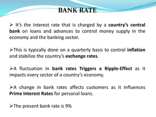 BANK RATE

 It’s the interest rate that is charged by a country’s central
bank on loans and advances to control money supply in the
economy and the banking sector.

This is typically done on a quarterly basis to control inflation
and stabilize the country’s exchange rates.

A fluctuation in bank rates Triggers a Ripple-Effect as it
impacts every sector of a country’s economy.

A change in bank rates affects customers as it influences
Prime Interest Rates for personal loans.

The present bank rate is 9%
 