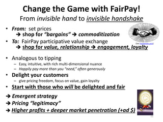 Change the Game with FairPay!
From invisible hand to invisible handshake
25
• From: set prices
 shop for “bargains”  com...