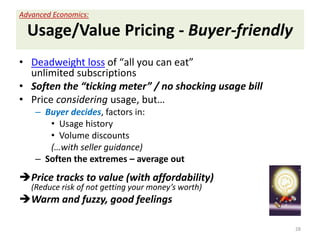 Usage/Value Pricing - Buyer-friendly
• Deadweight loss of “all you can eat”
unlimited subscriptions
• Soften the “ticking ...