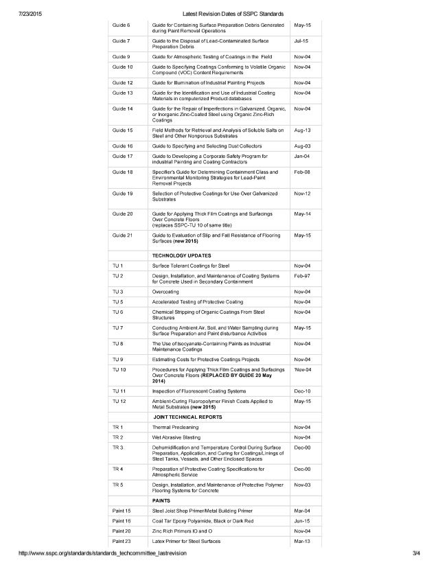 Latest revision dates of sspc standards
