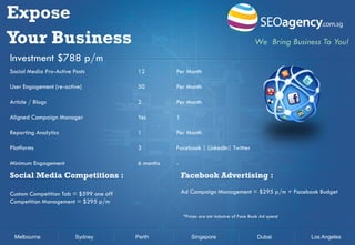 Expose
Your Business

We Bring Business To You!

Investment $788 p/m
Social Media Pro-Active Posts

12

Per Month

User Engagement (re-active)

50

Per Month

Article / Blogs

2

Per Month

Aligned Campaign Manager

Yes

1

Reporting Analytics

1

Per Month

Platforms

3

Facebook | LinkedIn| Twitter

Minimum Engagement

6 months

-

Social Media Competitions :

Facebook Advertising :

Custom Competition Tab = $599 one off
Competition Management = $295 p/m

Ad Campaign Management = $295 p/m + Facebook Budget

*Prices are not inclusive of Face Book Ad spend

Melbourne

Sydney

Perth

Singapore

Dubai

Los Angeles

 
