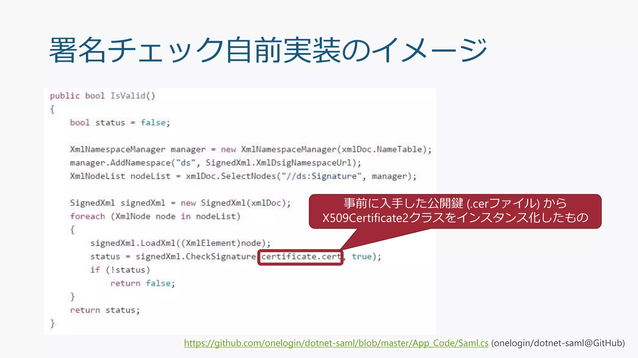 署名チェック自前実装のイメージ
事前に入手した公開鍵 (.cerファイル) から
X509Certificate2クラスをインスタンス化したもの
https://github.com/onelogin/dotnet-saml/blob/master/App_Code/Saml.cs (onelogin/dotnet-saml@GitHub)
 