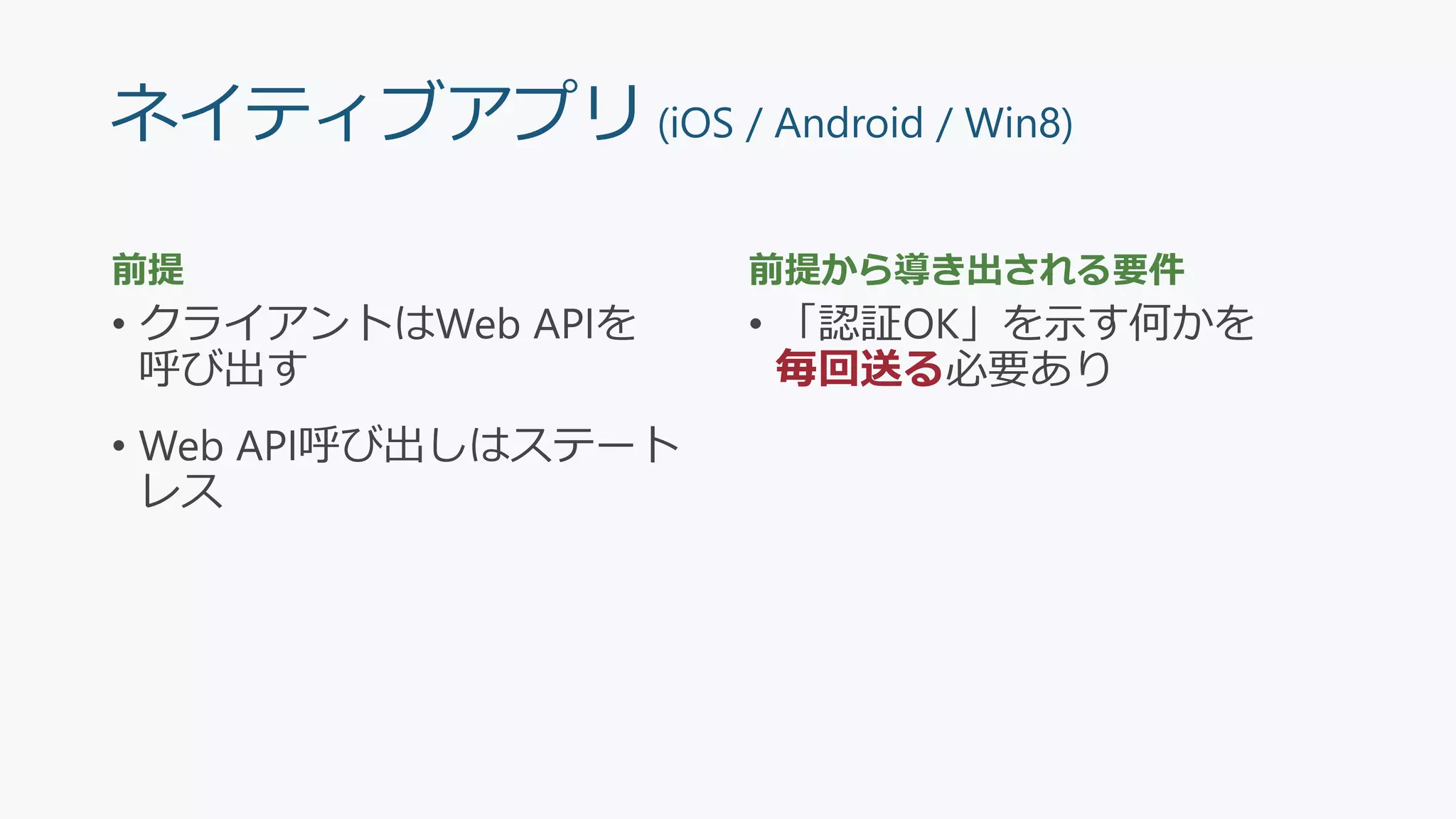 ネイティブアプリ (iOS / Android / Win8)
前提
• クライアントはWeb APIを
呼び出す
• Web API呼び出しはステート
レス
前提から導き出される要件
• 「認証OK」を示す何かを
毎回送る必要あり
 