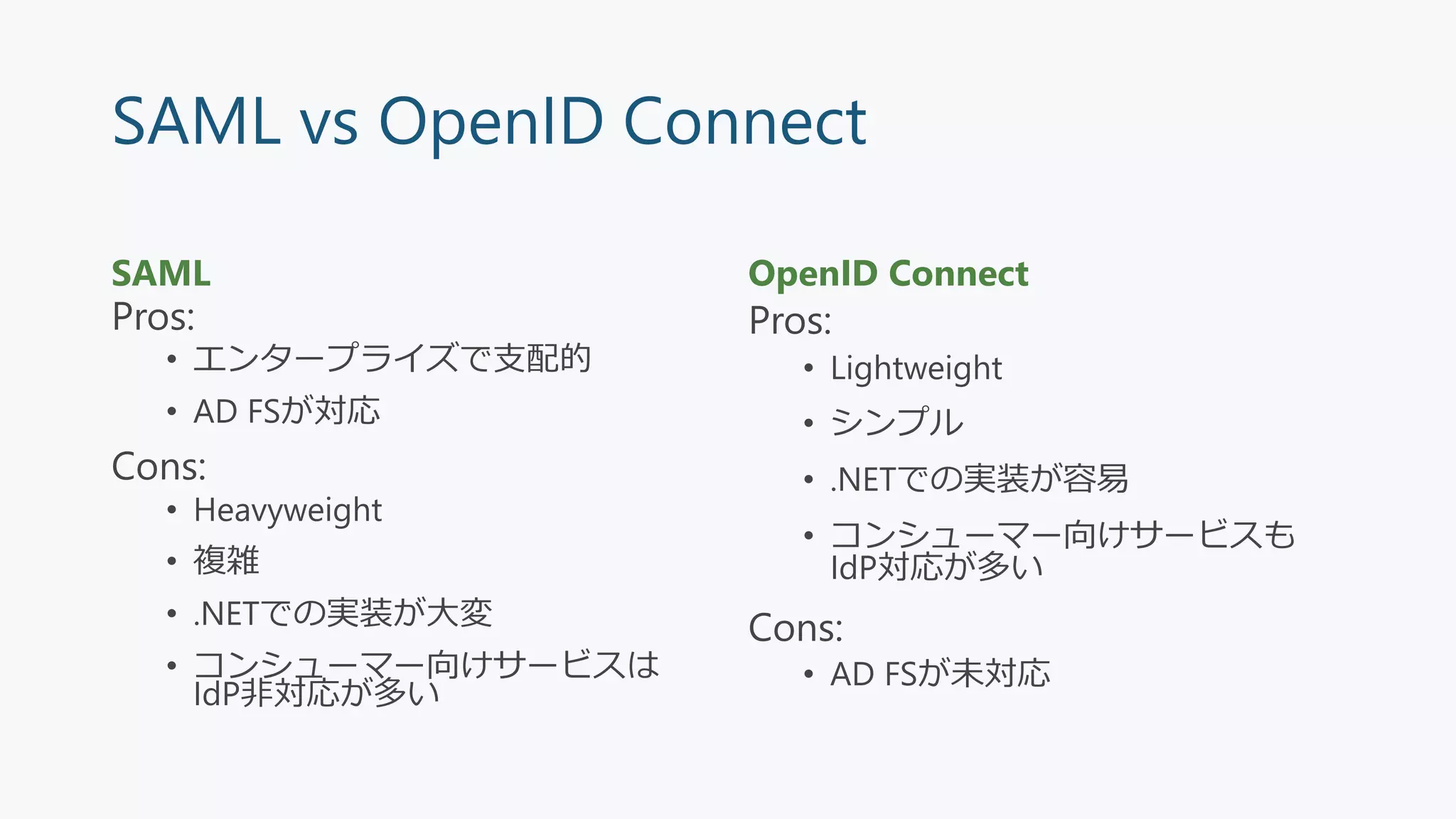 SAML vs OpenID Connect
SAML
Pros:
• エンタープライズで支配的
• AD FSが対応
Cons:
• Heavyweight
• 複雑
• .NETでの実装が大変
• コンシューマー向けサービスは
IdP非対応が多い
OpenID Connect
Pros:
• Lightweight
• シンプル
• .NETでの実装が容易
• コンシューマー向けサービスも
IdP対応が多い
Cons:
• AD FSが未対応
 