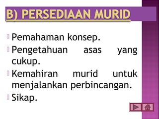 Pemahaman konsep.
 Pengetahuan    asas   yang
  cukup.
 Kemahiran   murid    untuk
  menjalankan perbincangan.
 Sikap.
 