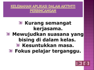 Kurang semangat
        kerjasama.
Mewujudkan suasana yang
  bising di dalam kelas.
   Kesuntukkan masa.
 Fokus pelajar terganggu.
 
