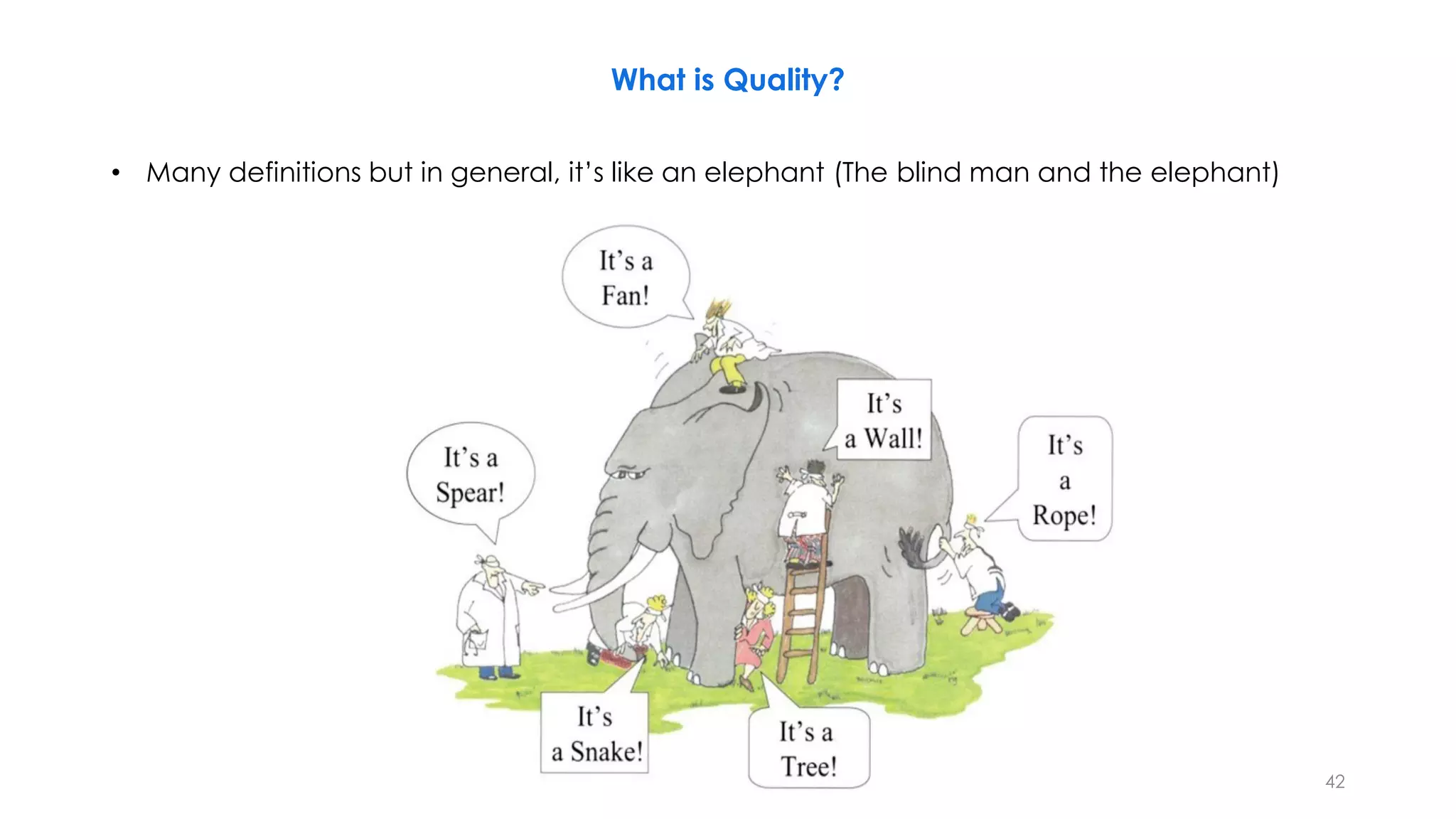 What is Quality?
• Many definitions but in general, it’s like an elephant (The blind man and the elephant)
42
 
