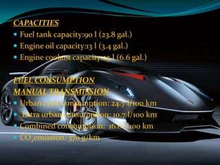 CAPACITIES
 Fuel tank capacity:90 l (23.8 gal.)
 Engine oil capacity:13 l (3.4 gal.)
 Engine coolant capacity:25 l (6.6 gal.)
FUEL CONSUMPTION
MANUAL TRANSMISSION
 Urban cycle consumption: 24.7 l/100 km
 Extra urban consumption: 10.7 l/100 km
 Combined consumption: 16.0 l/100 km
 CO2emission: 370 g/km

 