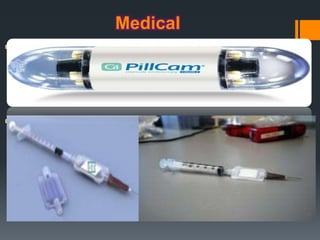 Medical
-A capsule with two tiny video cameras that enables
visualization of patients’ intestines without the need for
endoscopy – was founded by Gabi Iddan, an IDF-trained
engineer. He used miniature missile-guiding technology to craft
this groundbreaking medical-imaging device.
- Scientists at University of Oxford have invented
a rectangular cartridge that can store vaccines without
refrigeration. Vaccines must be refrigerated between 4 °C to 8
°C to stay effective. This increased cost is between 14 to 20
percent (an average of $200 million for most countries). The
vaccine is immobilized and kept in suspended animation inside
the sugar-glass. When needed the cartridge is simply screwed
into a standard vaccine syringe for injection.this has reduced
the cost.
 
