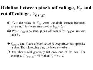Relation between pinch-off voltage, VP, and
cutoff voltage, VGS(off)
(i) VP is the value of VDS when the drain current becomes
constant. It is always measured at VGS = 0,
(ii) When VGS is nonzero, pinch-off occurs for VDS values less
than VP.
VGS(off) and VP are always equal in magnitude but opposite
in sign. Thus, knowing one, we have the other.
Data sheets will generally list only one of the two. For
example, if VGS(off) = −5 V, then VP = + 5 V.
 