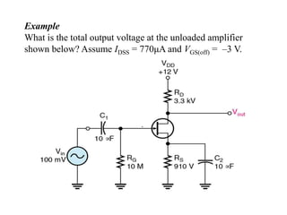 Example
What is the total output voltage at the unloaded amplifier
shown below? Assume IDSS = 770μA and VGS(off) = –3 V.
 