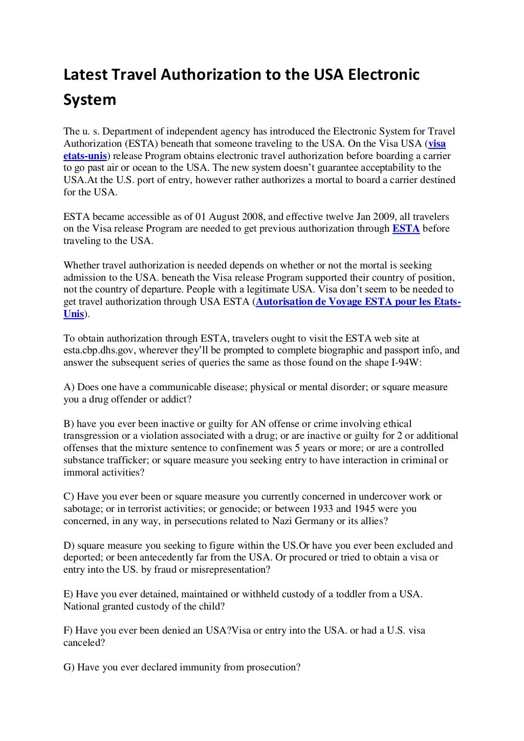 Latest travel authorization to the usa electronic system