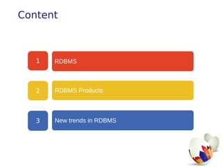 Content

1

RDBMS

2

RDBMS Products

3

New trends in RDBMS

 