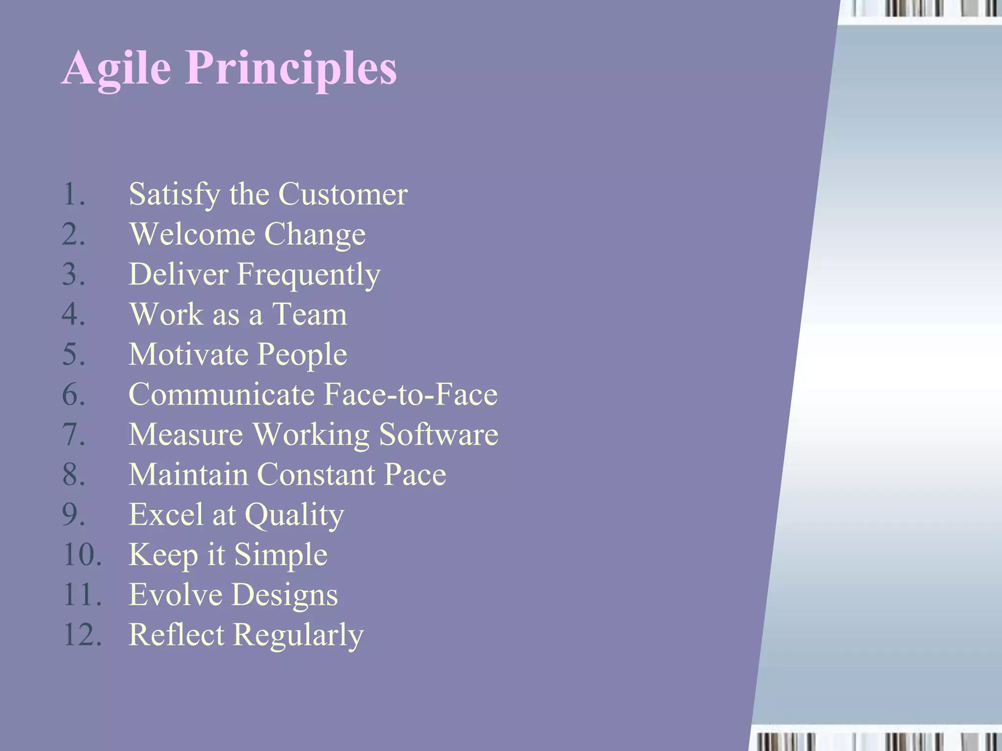 Agile Principles

1.    Satisfy the Customer
2.    Welcome Change
3.    Deliver Frequently
4.    Work as a Team
5.    Motivate People
6.    Communicate Face-to-Face
7.    Measure Working Software
8.    Maintain Constant Pace
9.    Excel at Quality
10.   Keep it Simple
11.   Evolve Designs
12.   Reflect Regularly
 