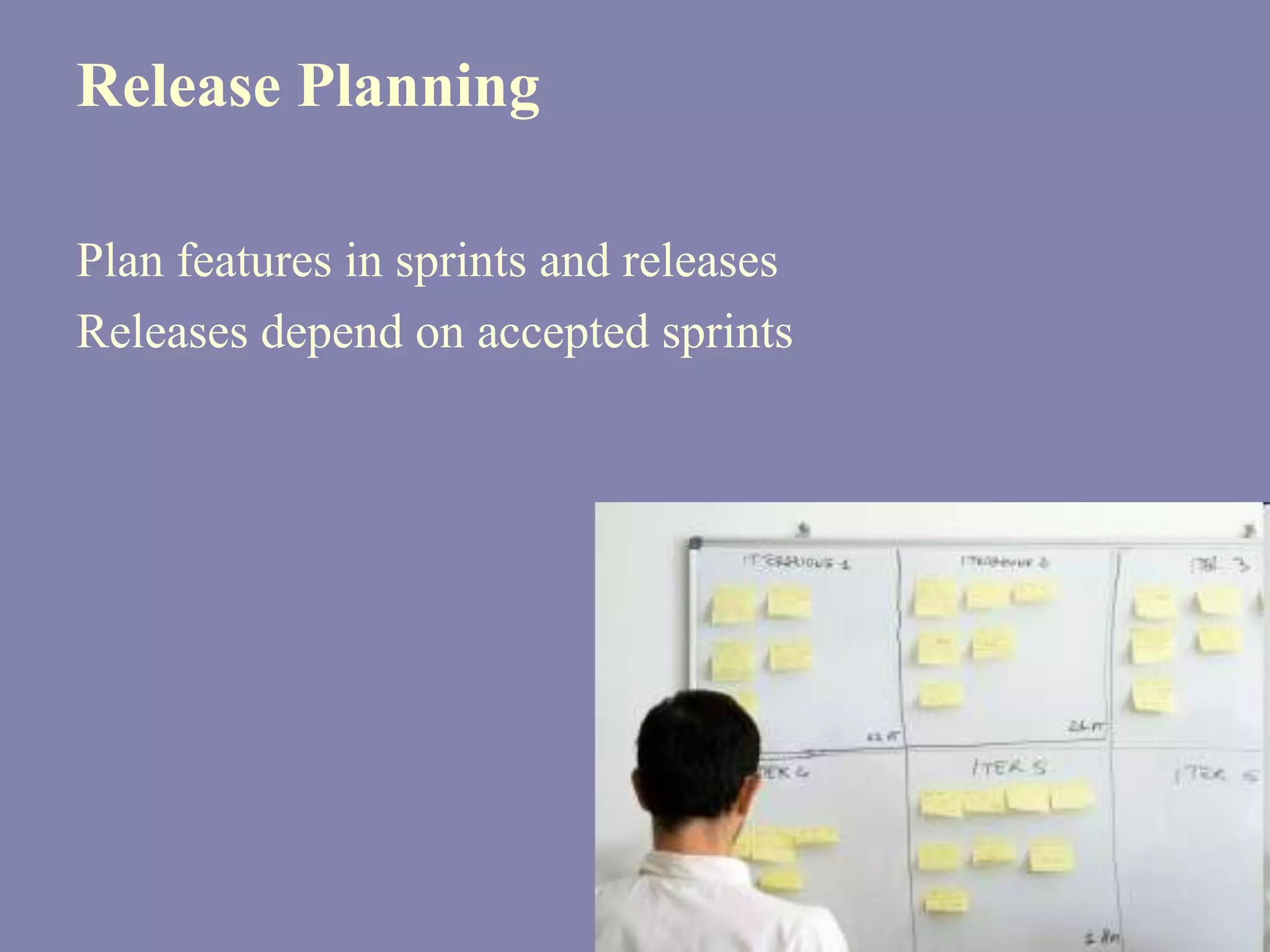 Release Planning

Plan features in sprints and releases
Releases depend on accepted sprints
 