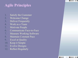 Agile Principles

1.    Satisfy the Customer
2.    Welcome Change
3.    Deliver Frequently
4.    Work as a Team
5.    Motivate People
6.    Communicate Face-to-Face
7.    Measure Working Software
8.    Maintain Constant Pace
9.    Excel at Quality
10.   Keep it Simple
11.   Evolve Designs
12.   Reflect Regularly
 