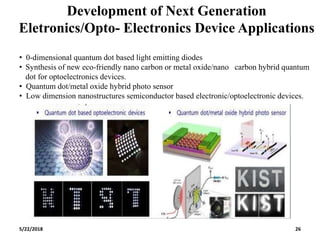 5/22/2018 26
Development of Next Generation
Eletronics/Opto- Electronics Device Applications
• 0-dimensional quantum dot based light emitting diodes
• Synthesis of new eco-friendly nano carbon or metal oxide/nano carbon hybrid quantum
dot for optoelectronics devices.
• Quantum dot/metal oxide hybrid photo sensor
• Low dimension nanostructures semiconductor based electronic/optoelectronic devices.
 
