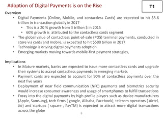 6
Adoption of Digital Payments is on the Rise
Overview
• Digital Payments (Online, Mobile, and contactless Cards) are expected to hit $3.6
trillion in transaction globally in 2017
• This is a 20 % growth from 3 trillion $ in 2015
• 60% growth is attributed to the contactless cards segment
• The global value of contactless point-of-sale (POS) terminal payments, conducted in
store via cards and mobile, is expected to hit $500 billion in 2017
• Technology is driving digital payments adoption
• Emerging markets moving towards mobile-first payment strategies,
Implications
• In Mature markets, banks are expected to issue more contactless cards and upgrade
their systems to accept contactless payments in emerging markets
• Payment cards are expected to account for 90% of contactless payments over the
next five years
• Deployment of near field communication (NFC) payments and biometrics security
would increase consumer awareness and usage of smartphones to fulfill transactions
• Foray into the digital payments by high profile players such as device manufacturers
(Apple, Samsung), tech firms ( google, Alibaba, Facebook), telecom operators ( Airtel,
Jio) and startups ( square , PayTM) is expected to attract more digital transactions
across the globe
T1
 