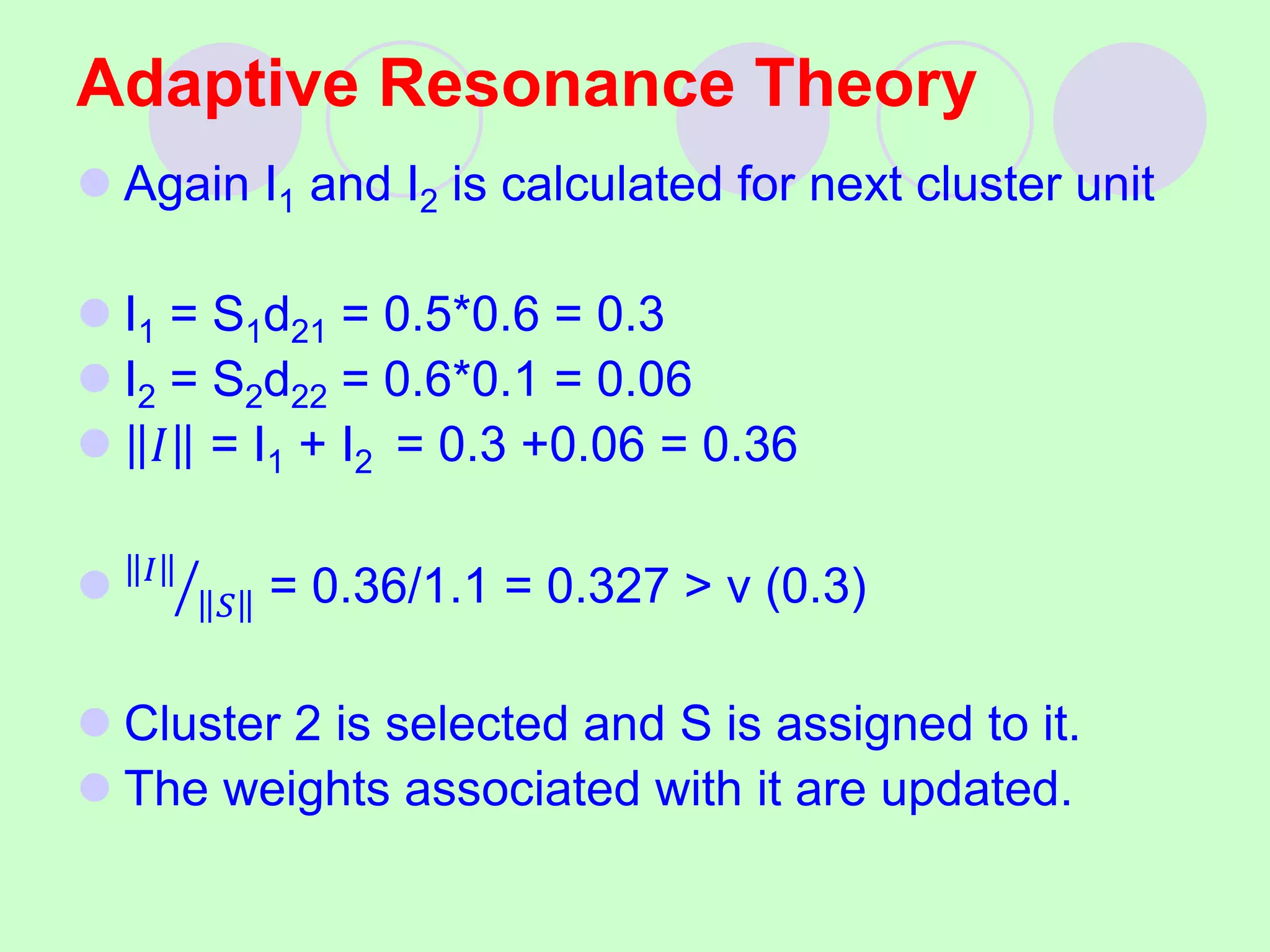 Adaptive Resonance Theory
 Again I1 and I2 is calculated for next cluster unit
 I1 = S1d21 = 0.5*0.6 = 0.3
 I2 = S2d22 = 0.6*0.1 = 0.06
 𝐼 = I1 + I2 = 0.3 +0.06 = 0.36
 𝐼
𝑆 = 0.36/1.1 = 0.327 > v (0.3)
 Cluster 2 is selected and S is assigned to it.
 The weights associated with it are updated.
 