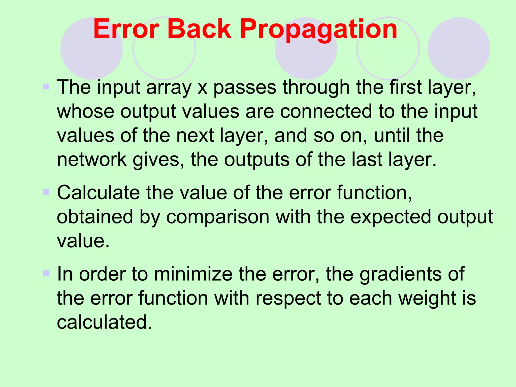 Error Back Propagation
 The input array x passes through the first layer,
whose output values are connected to the input
values of the next layer, and so on, until the
network gives, the outputs of the last layer.
 Calculate the value of the error function,
obtained by comparison with the expected output
value.
 In order to minimize the error, the gradients of
the error function with respect to each weight is
calculated.
 