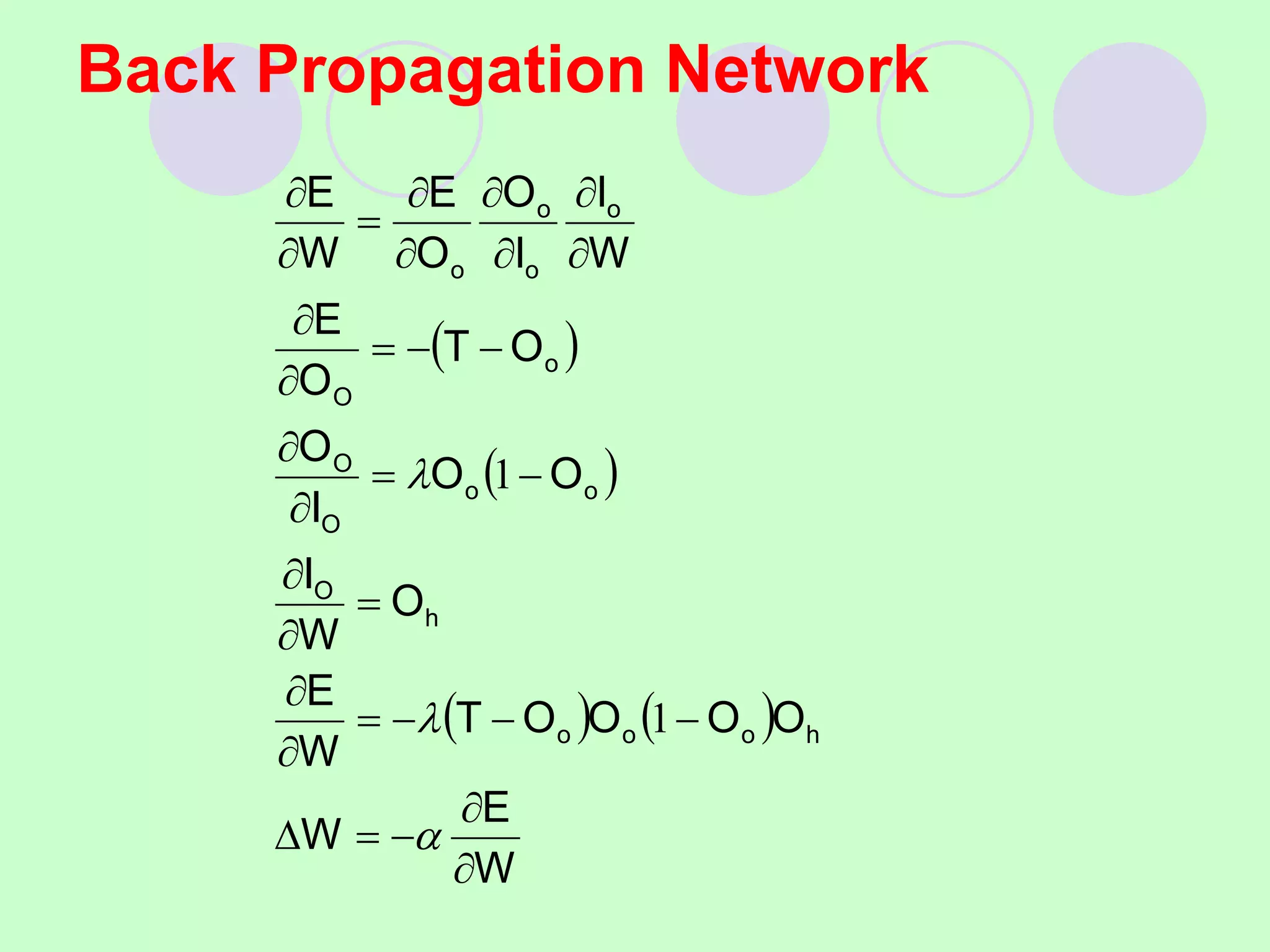 Back Propagation Network
 
 
   
W
E
W
O
O
O
O
T
W
E
O
W
I
O
O
I
O
O
T
O
E
W
I
I
O
O
E
W
E
h
o
o
o
h
O
o
o
O
O
o
O
o
o
o
o



































1
1
 