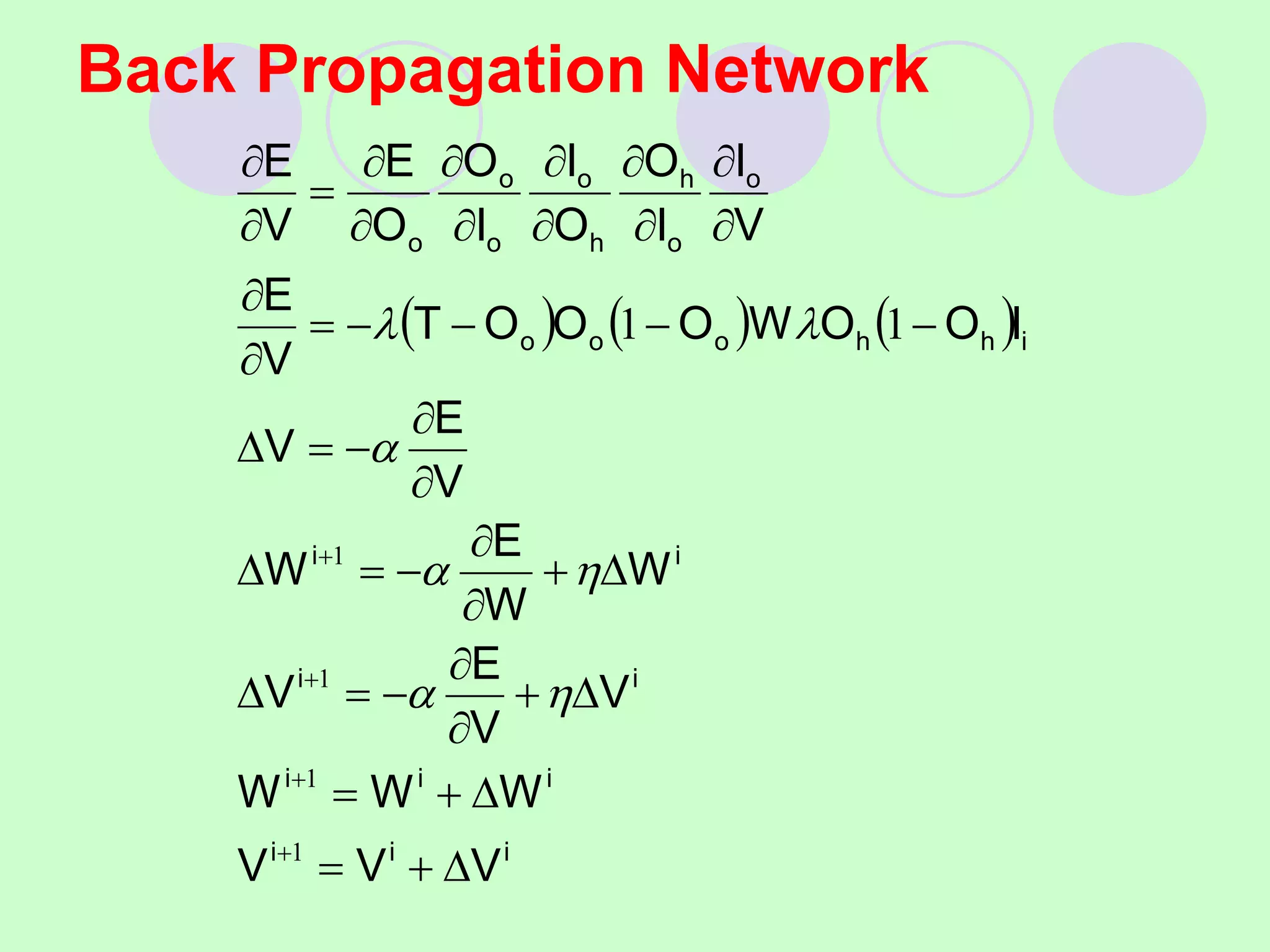 Back Propagation Network
     
i
i
i
i
i
i
i
i
i
i
i
h
h
o
o
o
o
o
h
h
o
o
o
o
V
V
V
W
W
W
V
V
E
V
W
W
E
W
V
E
V
I
O
O
W
O
O
O
T
V
E
V
I
I
O
O
I
I
O
O
E
V
E

















































1
1
1
1
1
1







 