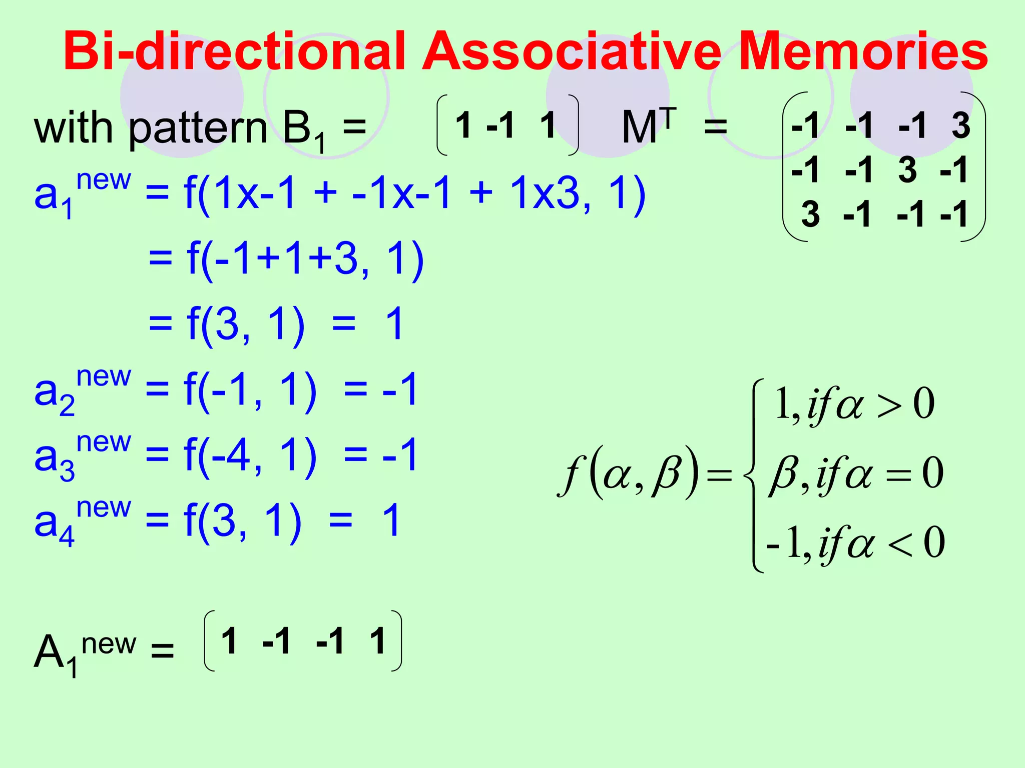 with pattern B1 = MT =
a1
new
= f(1x-1 + -1x-1 + 1x3, 1)
= f(-1+1+3, 1)
= f(3, 1) = 1
a2
new
= f(-1, 1) = -1
a3
new
= f(-4, 1) = -1
a4
new
= f(3, 1) = 1
A1
new =
-1 -1 -1 3
-1 -1 3 -1
3 -1 -1 -1
1 -1 1
1 -1 -1 1
Bi-directional Associative Memories
 









0
,
1
-
0
,
0
,
1
,






if
if
if
f
 
